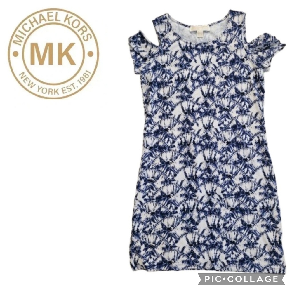 Michael Michael Kors Navy and White Tie-Dye Cold-shoulder Dress
